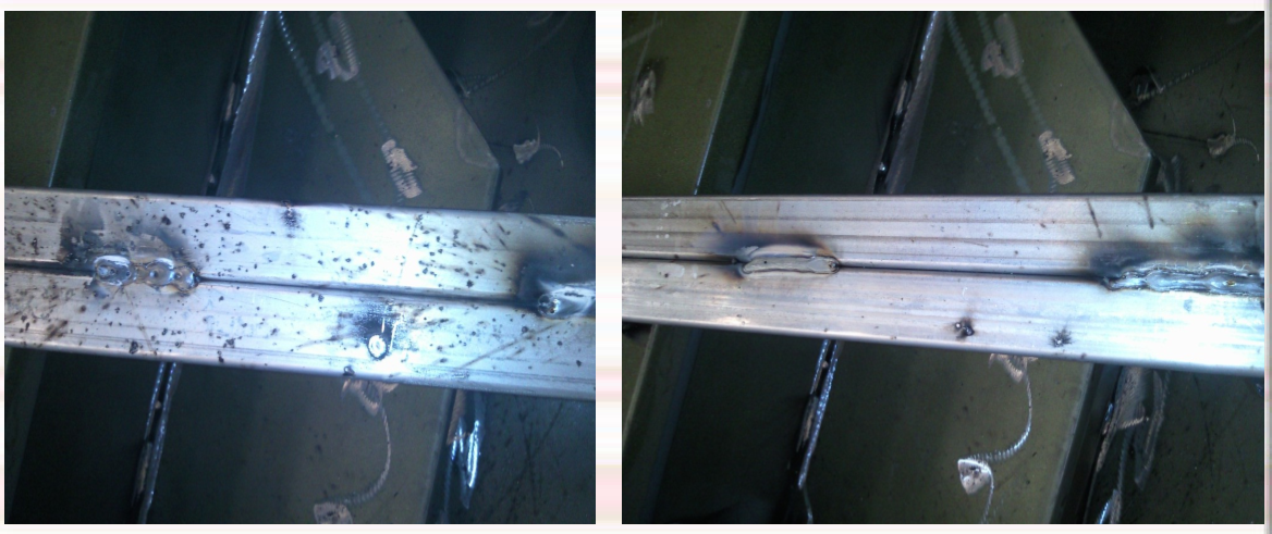 Two pictures of a metal beam with rust on it, showcasing the effects of anti-splatter treatment.