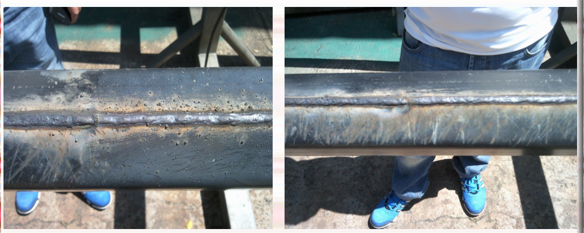 Two pictures showcasing a person expertly welding a metal pipe with remarkable Anti Splatter techniques.