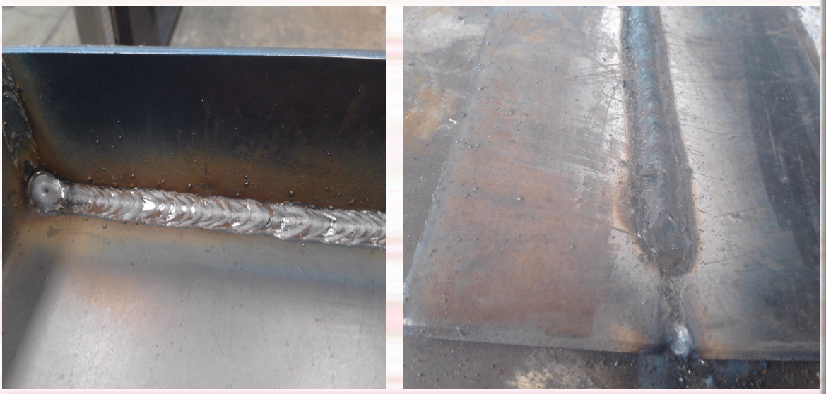 Two pictures of a piece of metal being welded with anti-splatter measures.